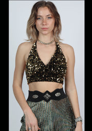 Sequin Halter Top in Black and Gold