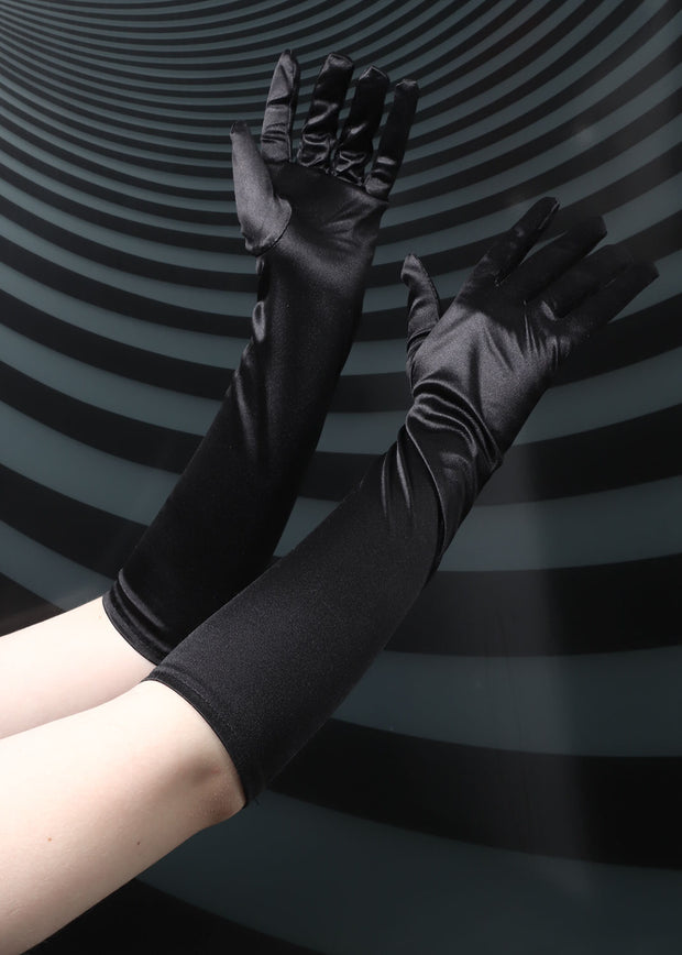 Stretchy Long Black Satin Gloves