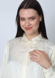 Ivory Embroidered Long Sleeves Silk Blouse