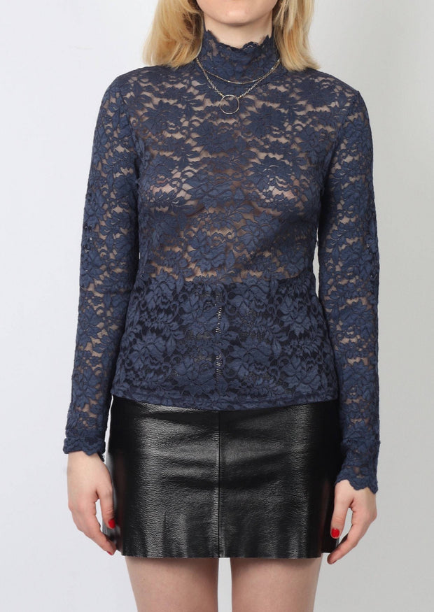 Blue Long Sleeves Lace Top