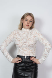 White Chantilly Lace Stretchy Mock Neck Top
