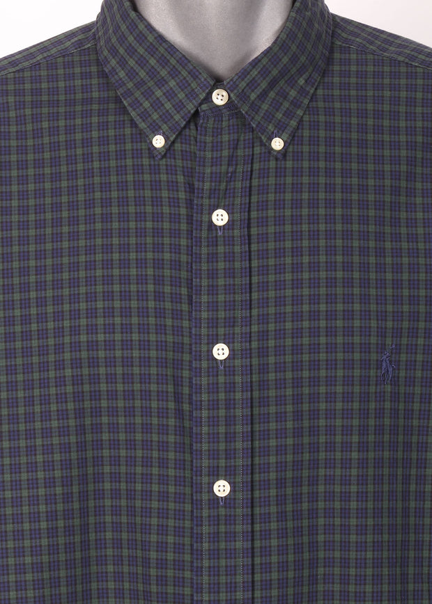Navy and Green Check Ralph Lauren Men's Vintage Shirt