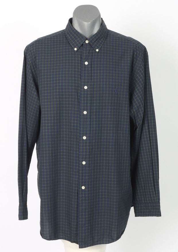 Navy and Green Check Ralph Lauren Men's Vintage Shirt
