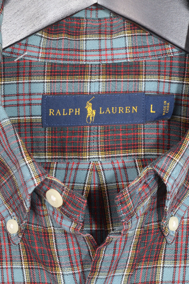 Blue and Red Check Ralph Lauren Men's Vintage Shirt