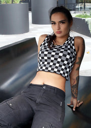 Black and White Chequerboard Cropped Knit Singlet