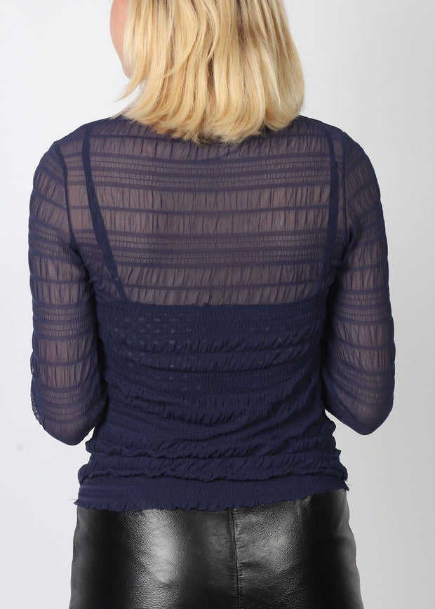 Sheer navy blue ruched top, stretchy 10-12 Aus