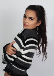 Stripey Indie Fray Knit Cropped Sweater