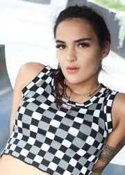 Chequerboard Cropped Knit Tank Top / Singlet, Black and White, Endless Styling options!