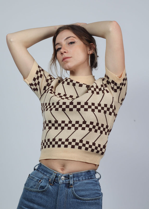 Size S-M, Knit Top / 70s Retro Style / Tan and Brown Geometric