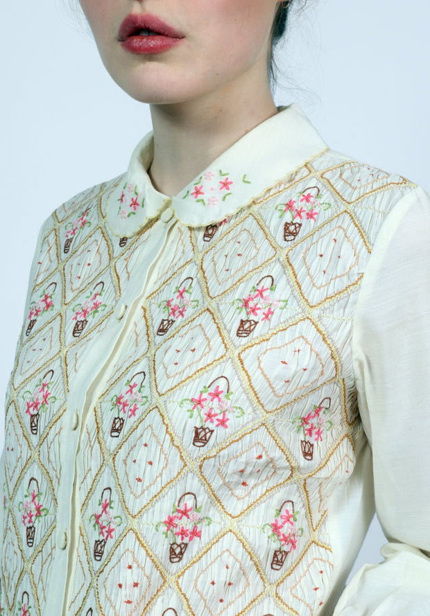 Embroidered Blouse/Smocked Plisse Front