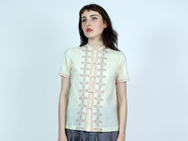 Ivory Silk Blend Embroidered Blouse